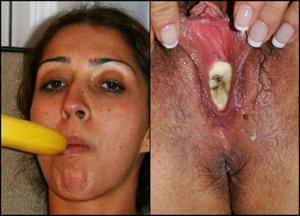 Девушка засовывает банан в пилотку и показывает это - фото #1